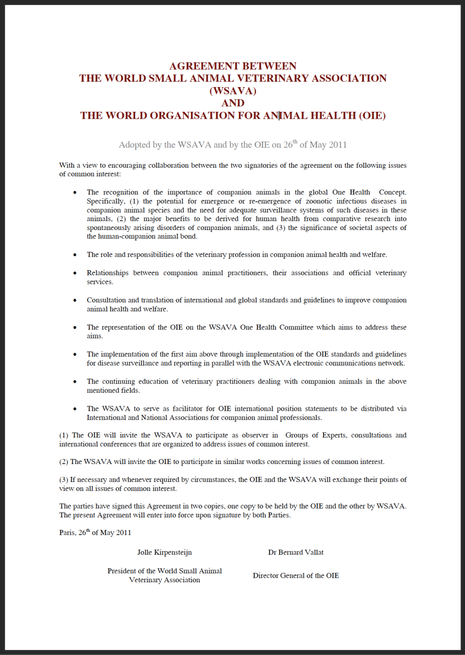 Agreement with the world small animal veterinary association (WSAVA)