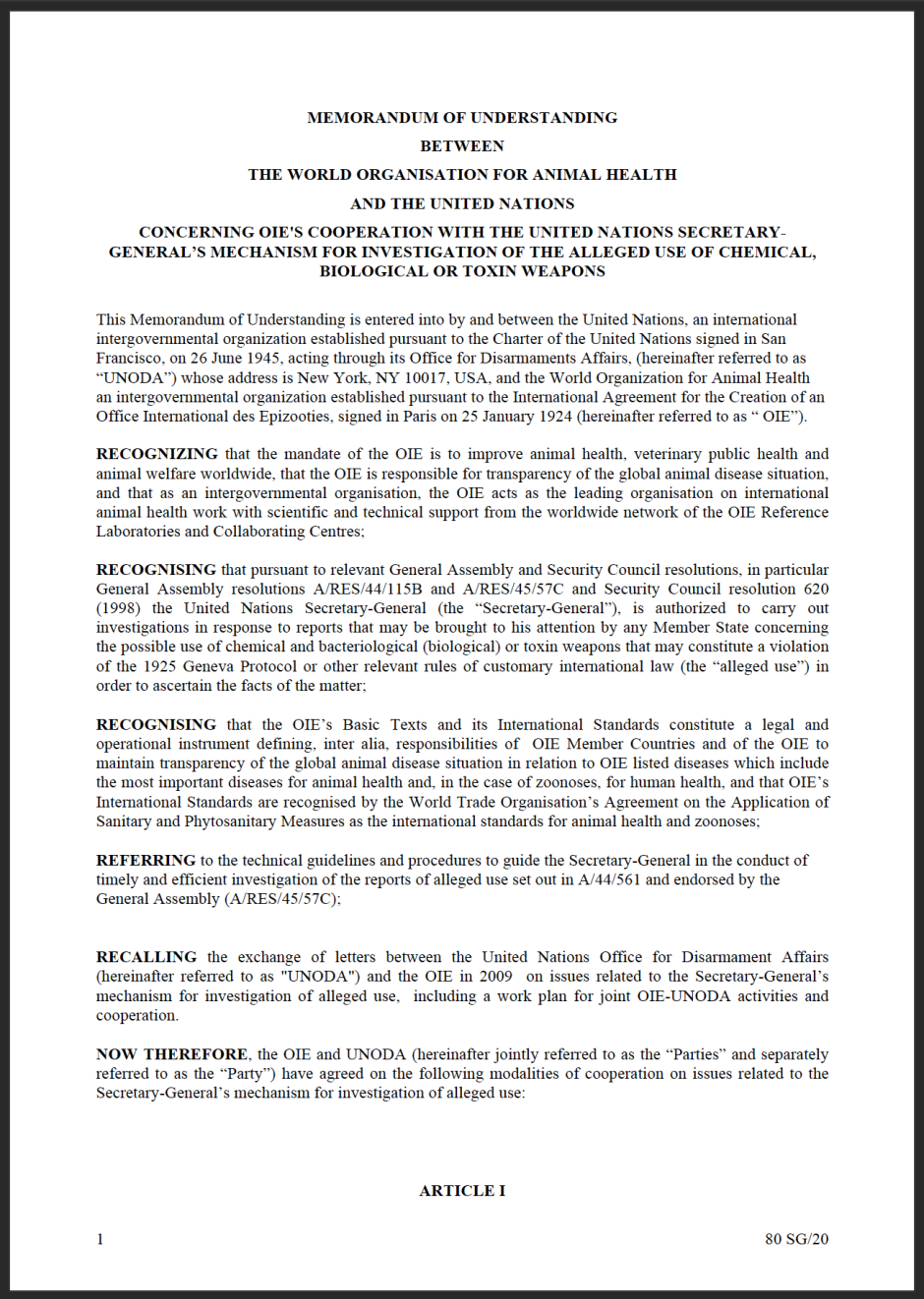Memorandum of understanding between the OIE and the United Nations Office for Disarmament Affairs (UNODA)