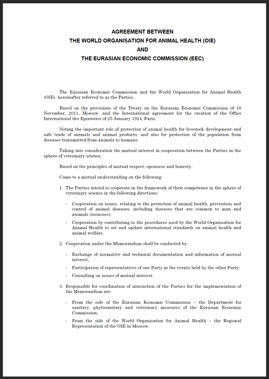 Agreement with the Eurasian Economic Commission (EEC)