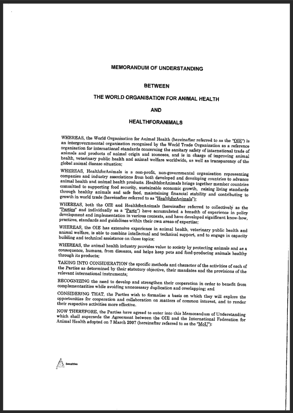 Memorandum of Understanding between the OIE and HealthforAnimals
