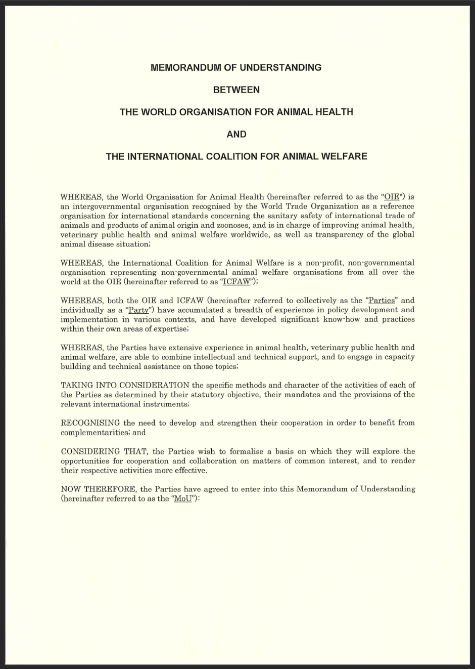 Memorandum of Understanding between the International Coalition for Animal Welfare (ICFAW) and the OIE