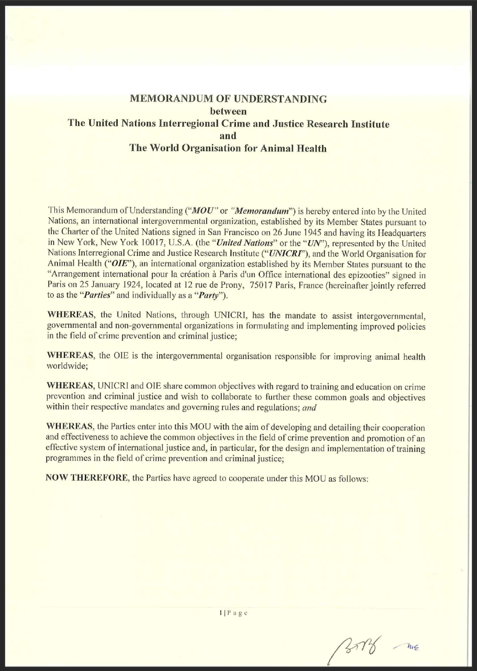 Memorandum of Understanding between The United Nations Interregional Crime and Justice Research Institute (UNICRI) and the World Organisation for Animal Health (OIE)