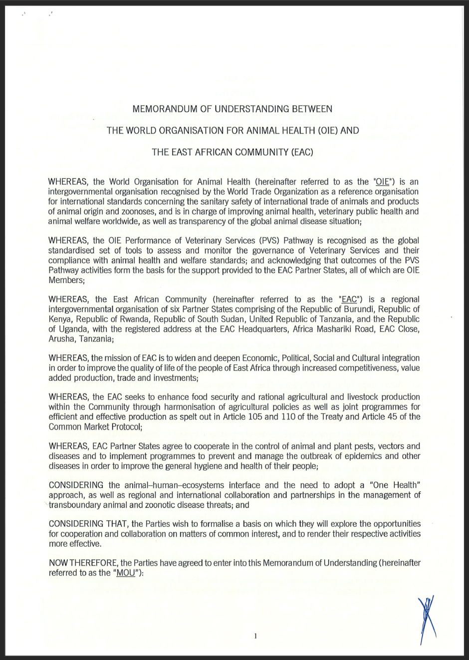 Memorandum of Understanding between the East African Community (EAC) and the World Organisation for Animal Health (OIE)